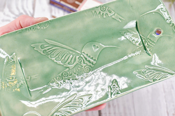 Ceramic Incense Holder, Handmade Stoneware Pottery, Hummingbird Incense Stick Burner, Celadon Pastel Green