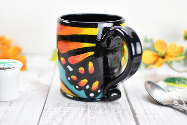 Hand Painted Butterfly Coffee Mug, Handmade Stoneware Sunflower Pottery, Monarch Butterfly Ceramic Cup, Unique Nature Lover Gift