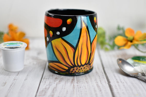 Hand Painted Butterfly Coffee Mug, Handmade Stoneware Sunflower Pottery, Monarch Butterfly Ceramic Cup, Unique Nature Lover Gift