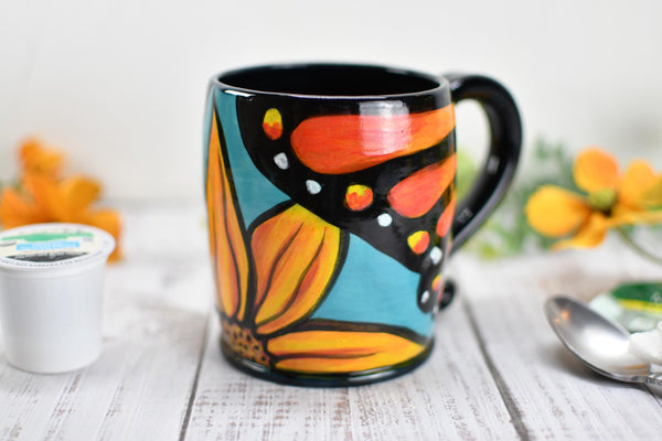 Hand Painted Butterfly Coffee Mug, Handmade Stoneware Sunflower Pottery, Monarch Butterfly Ceramic Cup, Unique Nature Lover Gift