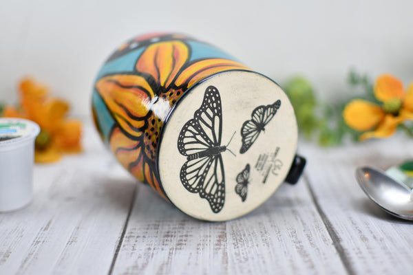 Hand Painted Butterfly Coffee Mug, Handmade Stoneware Sunflower Pottery, Monarch Butterfly Ceramic Cup, Unique Nature Lover Gift