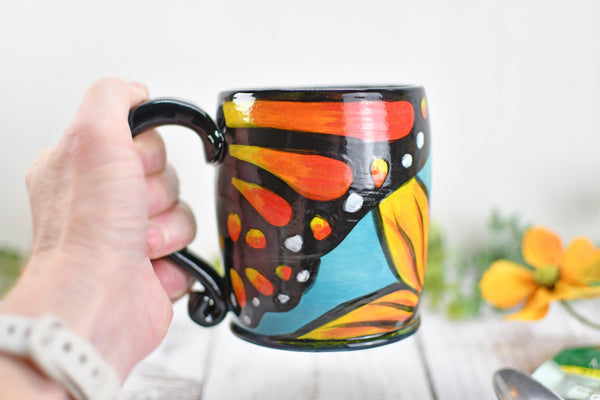 Hand Painted Butterfly Coffee Mug, Handmade Stoneware Sunflower Pottery, Monarch Butterfly Ceramic Cup, Unique Nature Lover Gift