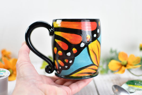 Hand Painted Butterfly Coffee Mug, Handmade Stoneware Sunflower Pottery, Monarch Butterfly Ceramic Cup, Unique Nature Lover Gift
