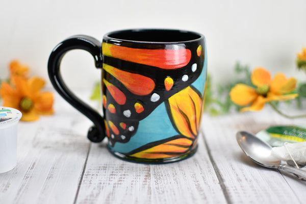 Hand Painted Butterfly Coffee Mug, Handmade Stoneware Sunflower Pottery, Monarch Butterfly Ceramic Cup, Unique Nature Lover Gift