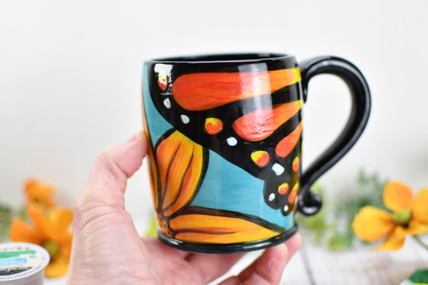 Hand Painted Butterfly Coffee Mug, Handmade Stoneware Sunflower Pottery, Monarch Butterfly Ceramic Cup, Unique Nature Lover Gift