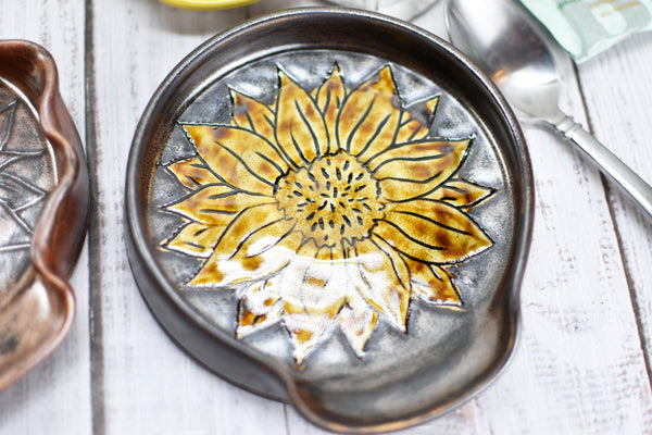 Ceramic Spoon Rest, Hand Carved Sunflower, Sgraffito Stoneware Handmade Pottery for Stovetop, Floral Flower Yellow Copper Dish