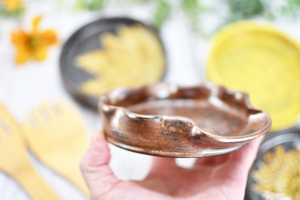 Ceramic Spoon Rest, Hand Carved Sunflower, Sgraffito Stoneware Handmade Pottery for Stovetop, Floral Flower Yellow Copper Dish