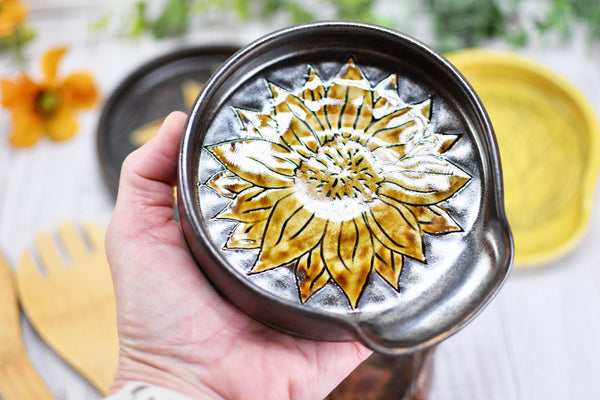 Ceramic Spoon Rest, Hand Carved Sunflower, Sgraffito Stoneware Handmade Pottery for Stovetop, Floral Flower Yellow Copper Dish