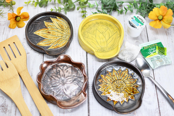 Ceramic Spoon Rest, Hand Carved Sunflower, Sgraffito Stoneware Handmade Pottery for Stovetop, Floral Flower Yellow Copper Dish