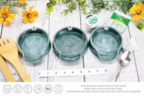 Ceramic Spoon Rest, Hand Carved Sunflower, Sgraffito Stoneware Handmade Pottery for Stovetop, Floral Daisy Flower Green Celadon Dish