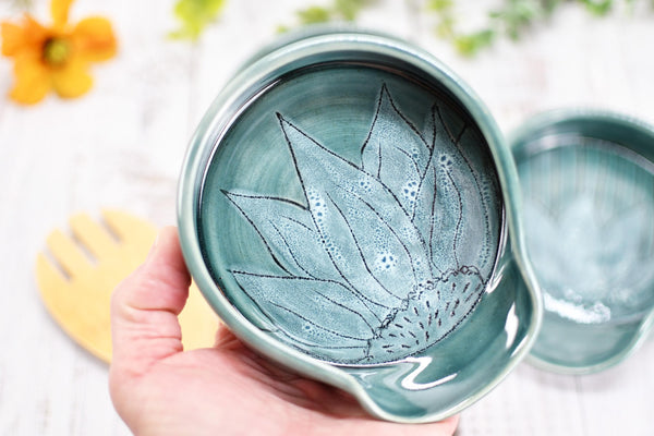 Ceramic Spoon Rest, Hand Carved Sunflower, Sgraffito Stoneware Handmade Pottery for Stovetop, Floral Daisy Flower Green Celadon Dish