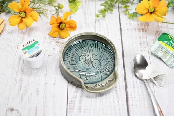 Ceramic Spoon Rest, Hand Carved Cactus and Rattlesnake, Sgraffito Stoneware Handmade Pottery for Stovetop, Desert Decor Gray Blue Dish