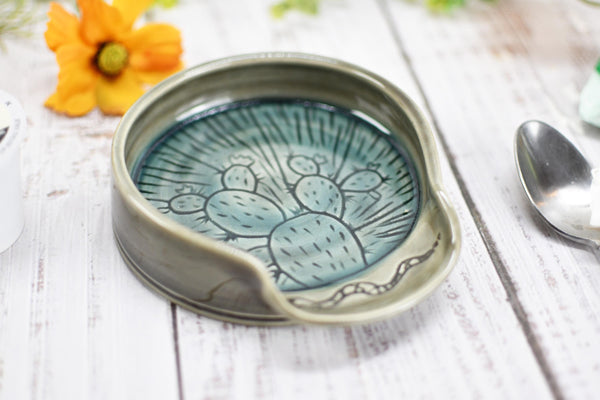 Ceramic Spoon Rest, Hand Carved Cactus and Rattlesnake, Sgraffito Stoneware Handmade Pottery for Stovetop, Desert Decor Gray Blue Dish