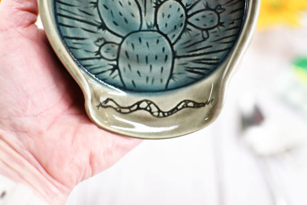 Ceramic Spoon Rest, Hand Carved Cactus and Rattlesnake, Sgraffito Stoneware Handmade Pottery for Stovetop, Desert Decor Gray Blue Dish