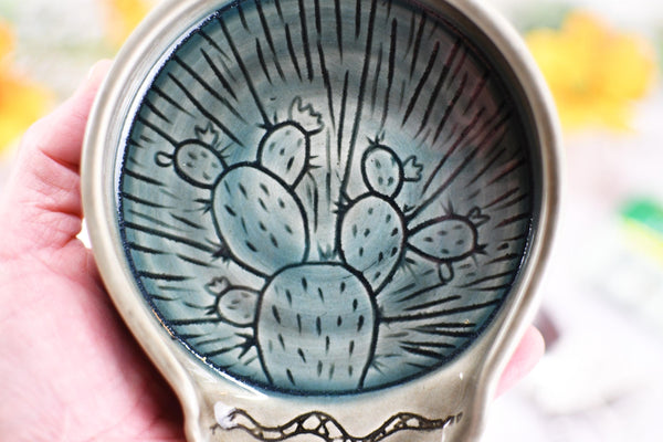 Ceramic Spoon Rest, Hand Carved Cactus and Rattlesnake, Sgraffito Stoneware Handmade Pottery for Stovetop, Desert Decor Gray Blue Dish