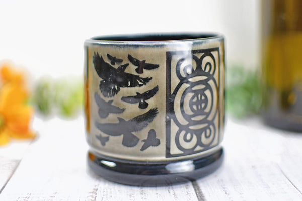 Handmade Raven Bird Cup - Bird Lover Gift, Gothic Ceramic Tumbler, Nature Inspired Pottery for Whiskey or Wine, A Murder of Ravens
