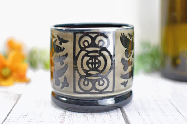 Handmade Raven Bird Cup - Bird Lover Gift, Gothic Ceramic Tumbler, Nature Inspired Pottery for Whiskey or Wine, A Murder of Ravens