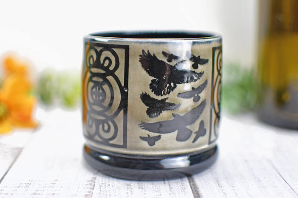 Handmade Raven Bird Cup - Bird Lover Gift, Gothic Ceramic Tumbler, Nature Inspired Pottery for Whiskey or Wine, A Murder of Ravens