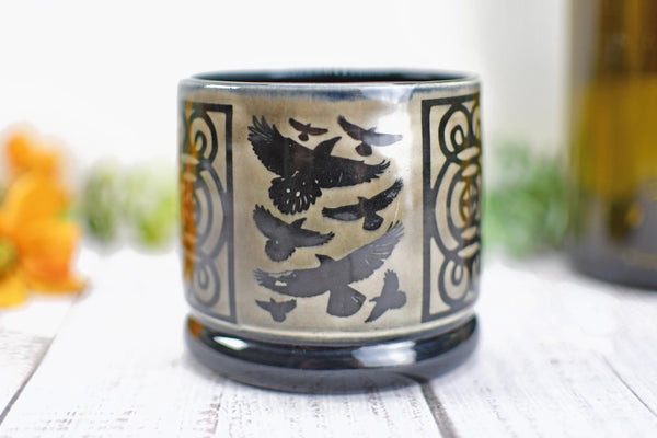 Handmade Raven Bird Cup - Bird Lover Gift, Gothic Ceramic Tumbler, Nature Inspired Pottery for Whiskey or Wine, A Murder of Ravens
