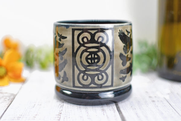 Handmade Raven Bird Cup - Bird Lover Gift, Gothic Ceramic Tumbler, Nature Inspired Pottery for Whiskey or Wine, A Murder of Ravens