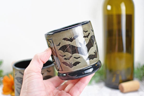 Handmade Bats Cup - Bat Lover Gift, Gothic Ceramic Tumbler, Nature Inspired Pottery for Whiskey or Wine