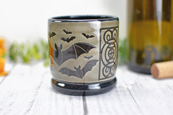 Handmade Bats Cup - Bat Lover Gift, Gothic Ceramic Tumbler, Nature Inspired Pottery for Whiskey or Wine