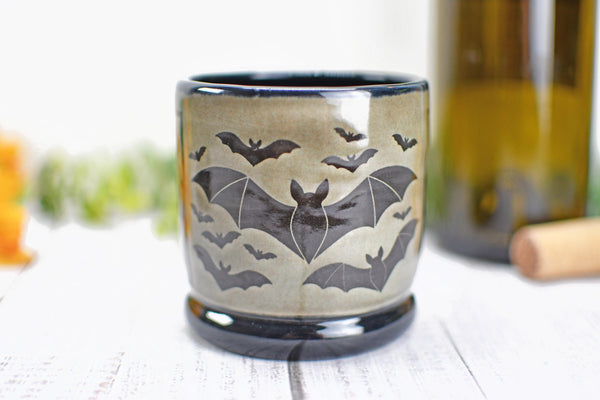 Handmade Bats Cup - Bat Lover Gift, Gothic Ceramic Tumbler, Nature Inspired Pottery for Whiskey or Wine