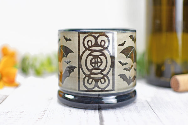 Handmade Bats Cup - Bat Lover Gift, Gothic Ceramic Tumbler, Nature Inspired Pottery for Whiskey or Wine