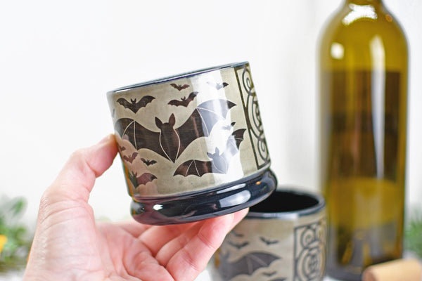 Handmade Bats Cup - Bat Lover Gift, Gothic Ceramic Tumbler, Nature Inspired Pottery for Whiskey or Wine