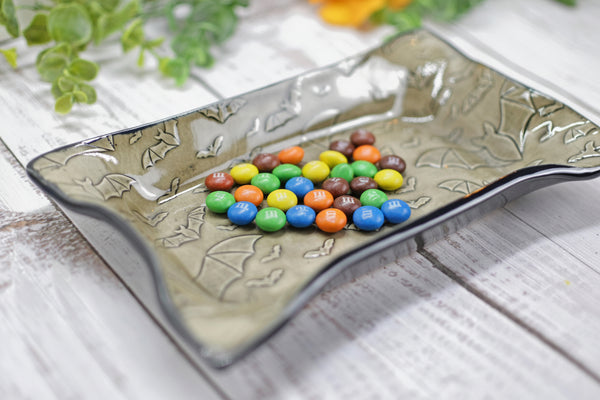 Handmade Bats Scalloped Ceramic Dish, Small Candy Bowl - Bat Lover Gift, Gothic Halloween Stoneware Pottery Catchall, Jewelry & Trinket Dish