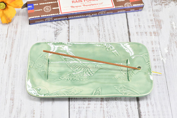 Ceramic Incense Holder, Handmade Stoneware Pottery, Hummingbird Incense Stick Burner, Celadon Pastel Green