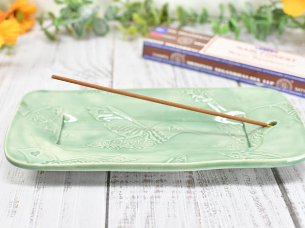 Ceramic Incense Holder, Handmade Stoneware Pottery, Hummingbird Incense Stick Burner, Celadon Pastel Green