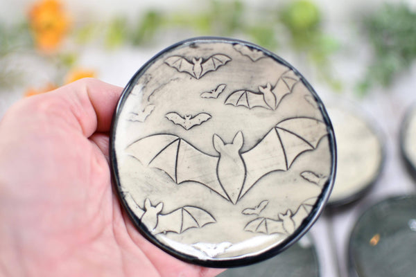 Handmade Bats Coffee Spoon Rest - Bat Lover Gift, Gothic Ceramic Halloween Pottery for Coffee Bar