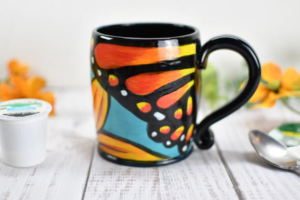 Hand Painted Butterfly Coffee Mug, Handmade Stoneware Sunflower Pottery, Monarch Butterfly Ceramic Cup, Unique Nature Lover Gift