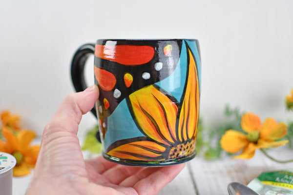 Hand Painted Butterfly Coffee Mug, Handmade Stoneware Sunflower Pottery, Monarch Butterfly Ceramic Cup, Unique Nature Lover Gift