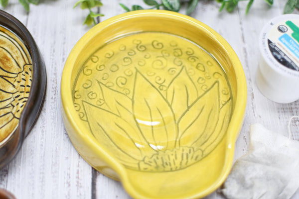 Ceramic Spoon Rest, Hand Carved Sunflower, Sgraffito Stoneware Handmade Pottery for Stovetop, Floral Flower Yellow Copper Dish