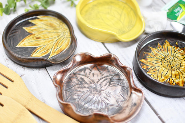 Ceramic Spoon Rest, Hand Carved Sunflower, Sgraffito Stoneware Handmade Pottery for Stovetop, Floral Flower Yellow Copper Dish