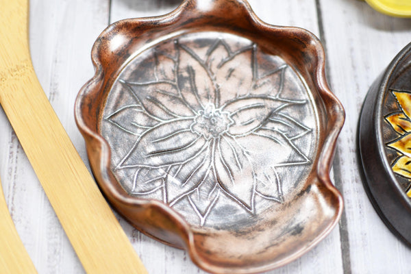 Ceramic Spoon Rest, Hand Carved Sunflower, Sgraffito Stoneware Handmade Pottery for Stovetop, Floral Flower Yellow Copper Dish