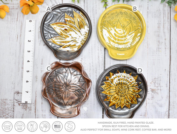 Ceramic Spoon Rest, Hand Carved Sunflower, Sgraffito Stoneware Handmade Pottery for Stovetop, Floral Flower Yellow Copper Dish