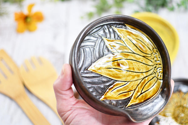 Ceramic Spoon Rest, Hand Carved Sunflower, Sgraffito Stoneware Handmade Pottery for Stovetop, Floral Flower Yellow Copper Dish