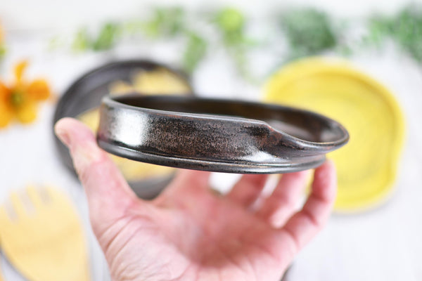 Ceramic Spoon Rest, Hand Carved Sunflower, Sgraffito Stoneware Handmade Pottery for Stovetop, Floral Flower Yellow Copper Dish