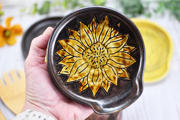 Ceramic Spoon Rest, Hand Carved Sunflower, Sgraffito Stoneware Handmade Pottery for Stovetop, Floral Flower Yellow Copper Dish