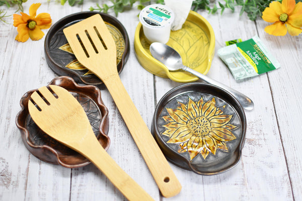 Ceramic Spoon Rest, Hand Carved Sunflower, Sgraffito Stoneware Handmade Pottery for Stovetop, Floral Flower Yellow Copper Dish