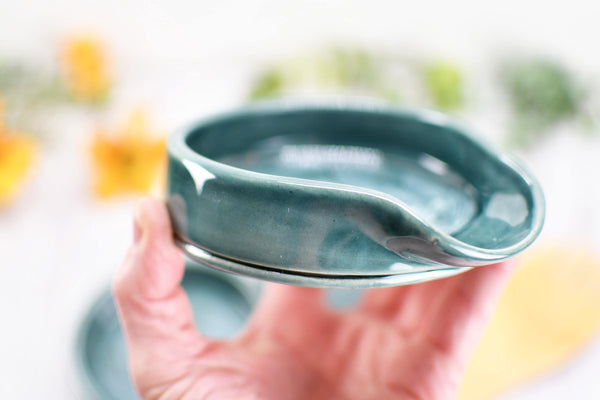 Ceramic Spoon Rest, Hand Carved Sunflower, Sgraffito Stoneware Handmade Pottery for Stovetop, Floral Daisy Flower Green Celadon Dish