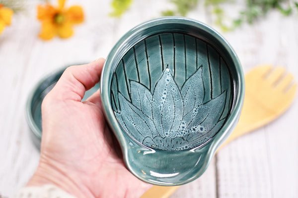 Ceramic Spoon Rest, Hand Carved Sunflower, Sgraffito Stoneware Handmade Pottery for Stovetop, Floral Daisy Flower Green Celadon Dish