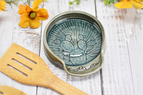 Ceramic Spoon Rest, Hand Carved Cactus and Rattlesnake, Sgraffito Stoneware Handmade Pottery for Stovetop, Desert Decor Gray Blue Dish