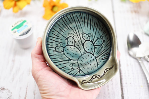 Ceramic Spoon Rest, Hand Carved Cactus and Rattlesnake, Sgraffito Stoneware Handmade Pottery for Stovetop, Desert Decor Gray Blue Dish