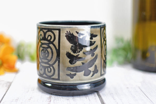 Handmade Raven Bird Cup - Bird Lover Gift, Gothic Ceramic Tumbler, Nature Inspired Pottery for Whiskey or Wine, A Murder of Ravens