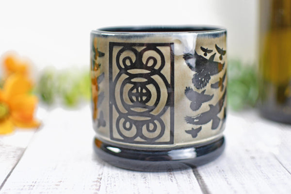Handmade Raven Bird Cup - Bird Lover Gift, Gothic Ceramic Tumbler, Nature Inspired Pottery for Whiskey or Wine, A Murder of Ravens