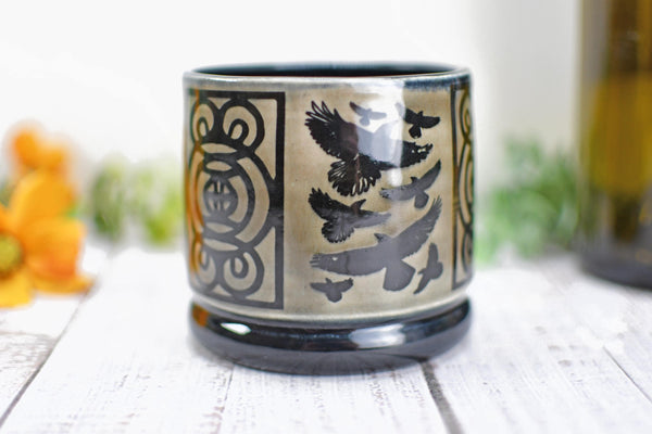 Handmade Raven Bird Cup - Bird Lover Gift, Gothic Ceramic Tumbler, Nature Inspired Pottery for Whiskey or Wine, A Murder of Ravens